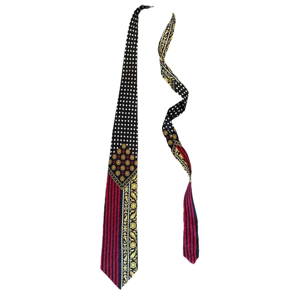 V2 By Versace Silk Tie Black Red Gold Baroque Polka Dot Vintage 1990s Designer - Picture 2 of 6